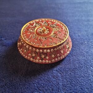 Vintage Jeweled Rhinestone Round Ornate Red Trinket Box